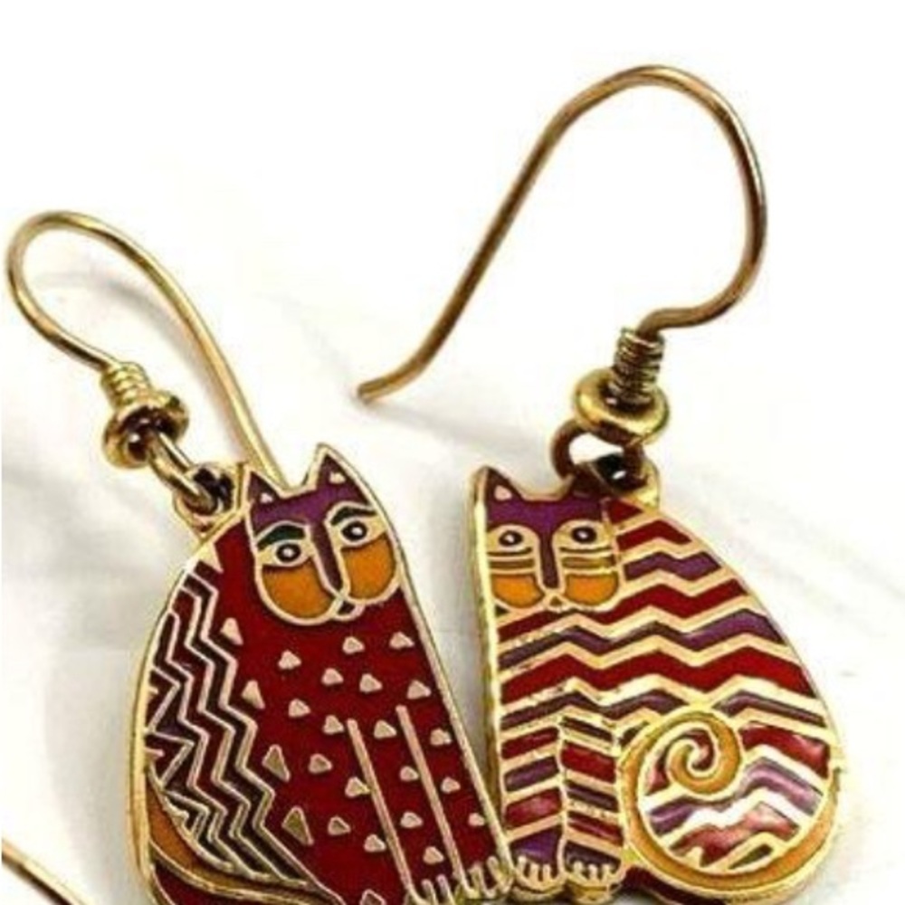 Colorful Cat Earrings- Vintage Laurel Burch - Gold Plated & Enamel